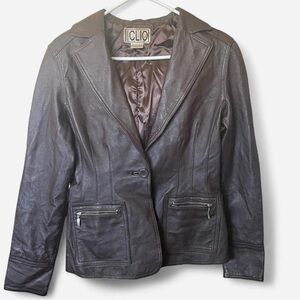 Vintage Clio Leather Brown Single Button Jacket w Zipper Pockets Sz 8 Retro 90s